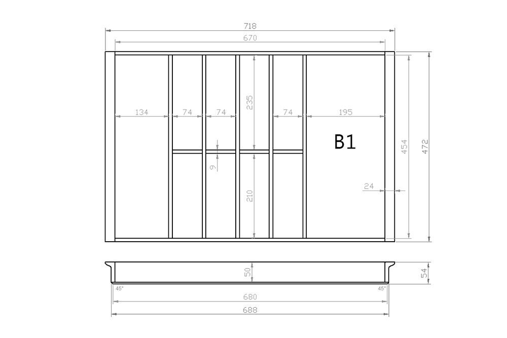 Besteckeinsatz 80er Schubl. B 718 x T 472 mm passend für Blum Tandem 16 mm Schubladen