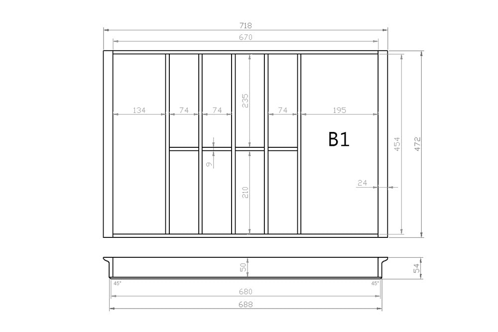 Besteckeinsatz 80er Schubl. B 718 x T 472 mm passend für Blum Tandem 16 mm Schubladen