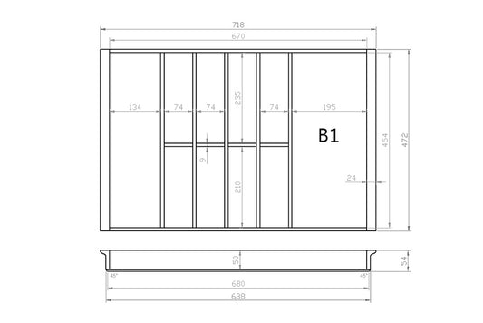 Besteckeinsatz 80er Schubl. B 718 x T 472 mm passend für Blum Tandem 16 mm Schubladen