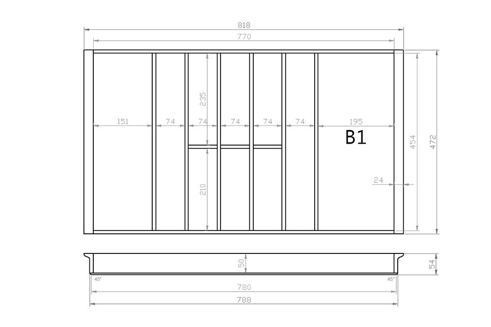 Besteckeinsatz 90er Schubl. B 818 x T 472 mm passend für Blum Tandem 16 mm Schubladen