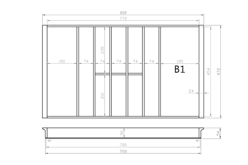 Besteckeinsatz 90er Schubl. B 818 x T 472 mm passend für Blum Tandem 16 mm Schubladen