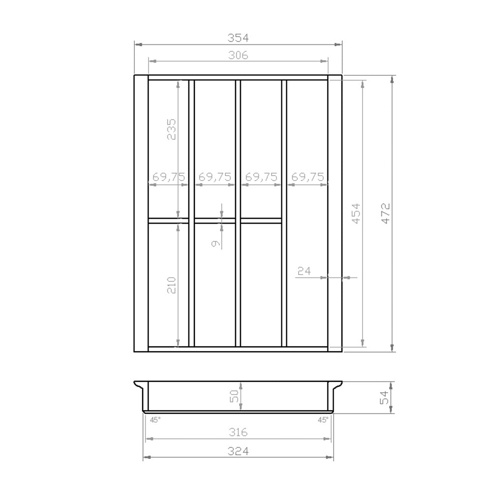 Besteckeinsatz 45er Schubl. B 354 x T 472 mm passend für Hettich ComfortLine / GRASS DWD XP 16 mm Schubladen