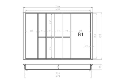 Besteckeinsatz 80er Schubl. B 704 x T 472 mm passend für Hettich ComfortLine / GRASS DWD XP 16 mm Schubladen
