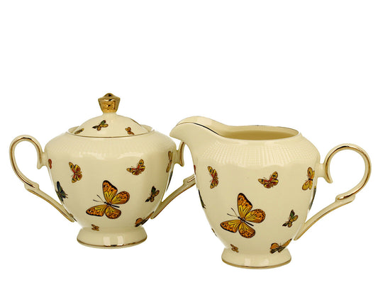 DUO ECRU BUTTERFLIES Zuckerdose und Milchkännchen, New Bone China Porzellan