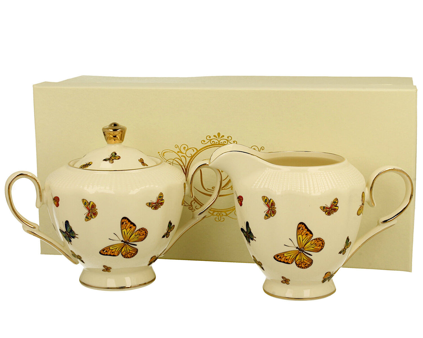 DUO ECRU BUTTERFLIES Zuckerdose und Milchkännchen, New Bone China Porzellan – Bild 2