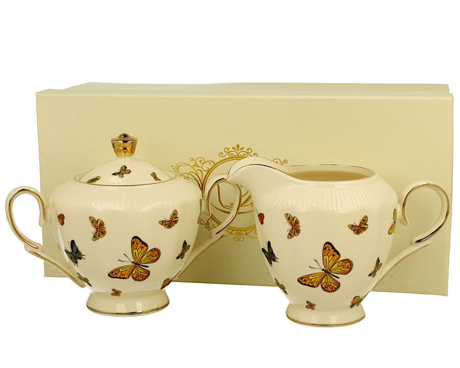 DUO ECRU BUTTERFLIES Zuckerdose und Milchkännchen, New Bone China Porzellan – Bild 2