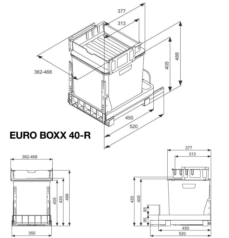MÜLLEX EURO-BOXX 40-R Abfallsystem inklusive Auszugssystem als Vollauszug, 35 Liter / ab 40 cm Schrankbreite – Bild 2