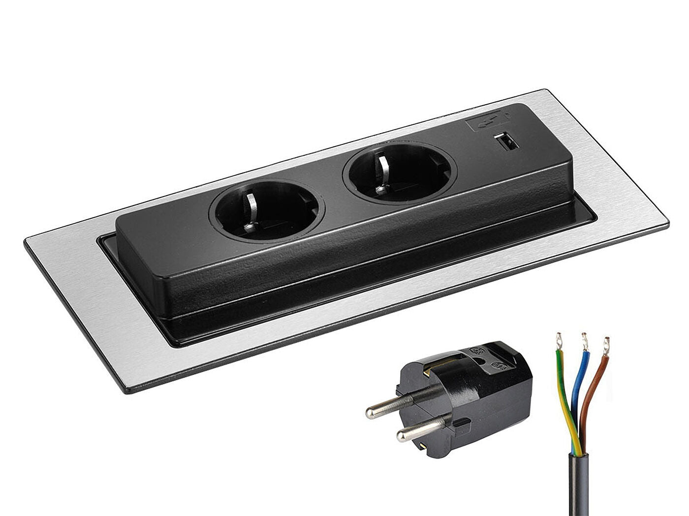 EVOLine BackFlip Cuisine Edelstahl 2x Steckdose mit USB-Charger, versenkbar / Mehrfachsteckdose / Steckdosenverteiler