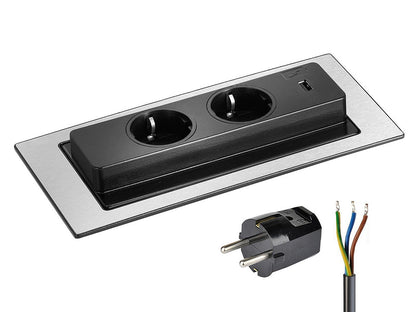EVOLine BackFlip Cuisine Edelstahl 2x Steckdose mit USB-Charger, versenkbar / Mehrfachsteckdose / Steckdosenverteiler
