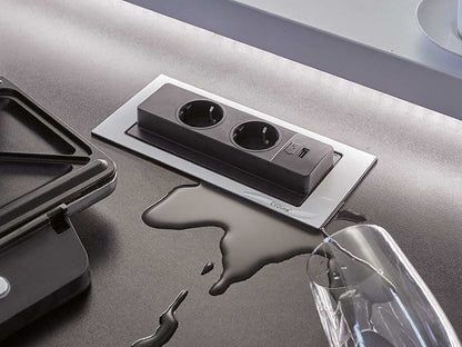 EVOLine BackFlip Cuisine Edelstahl 2x Steckdose mit USB-Charger, versenkbar / Mehrfachsteckdose / Steckdosenverteiler