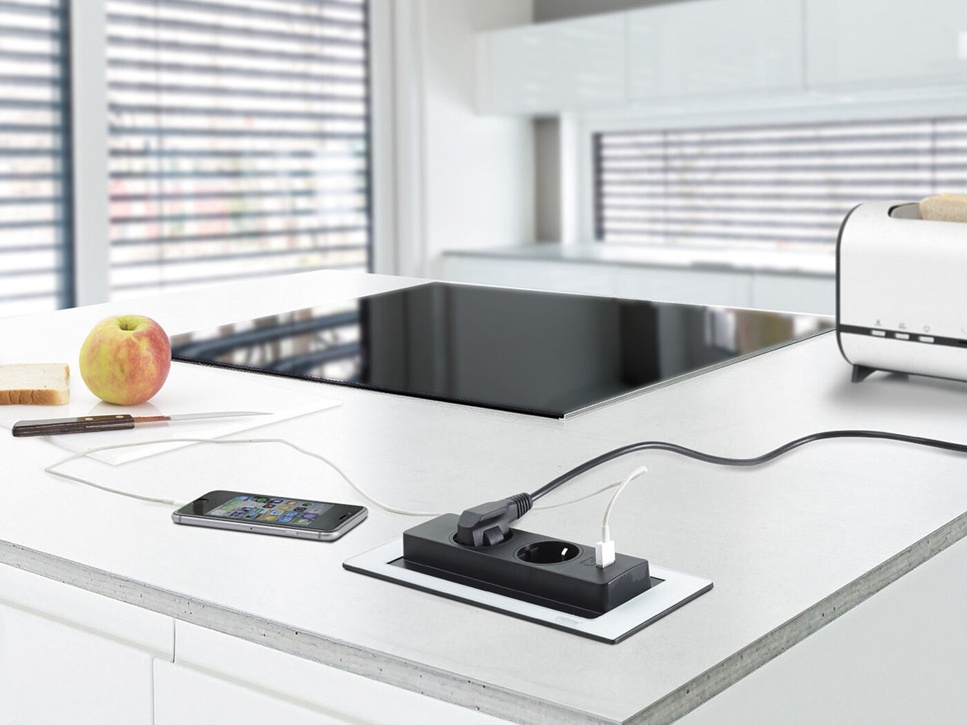 EVOLine BackFlip Cuisine Edelstahl 2x Steckdose mit USB-Charger, versenkbar / Mehrfachsteckdose / Steckdosenverteiler