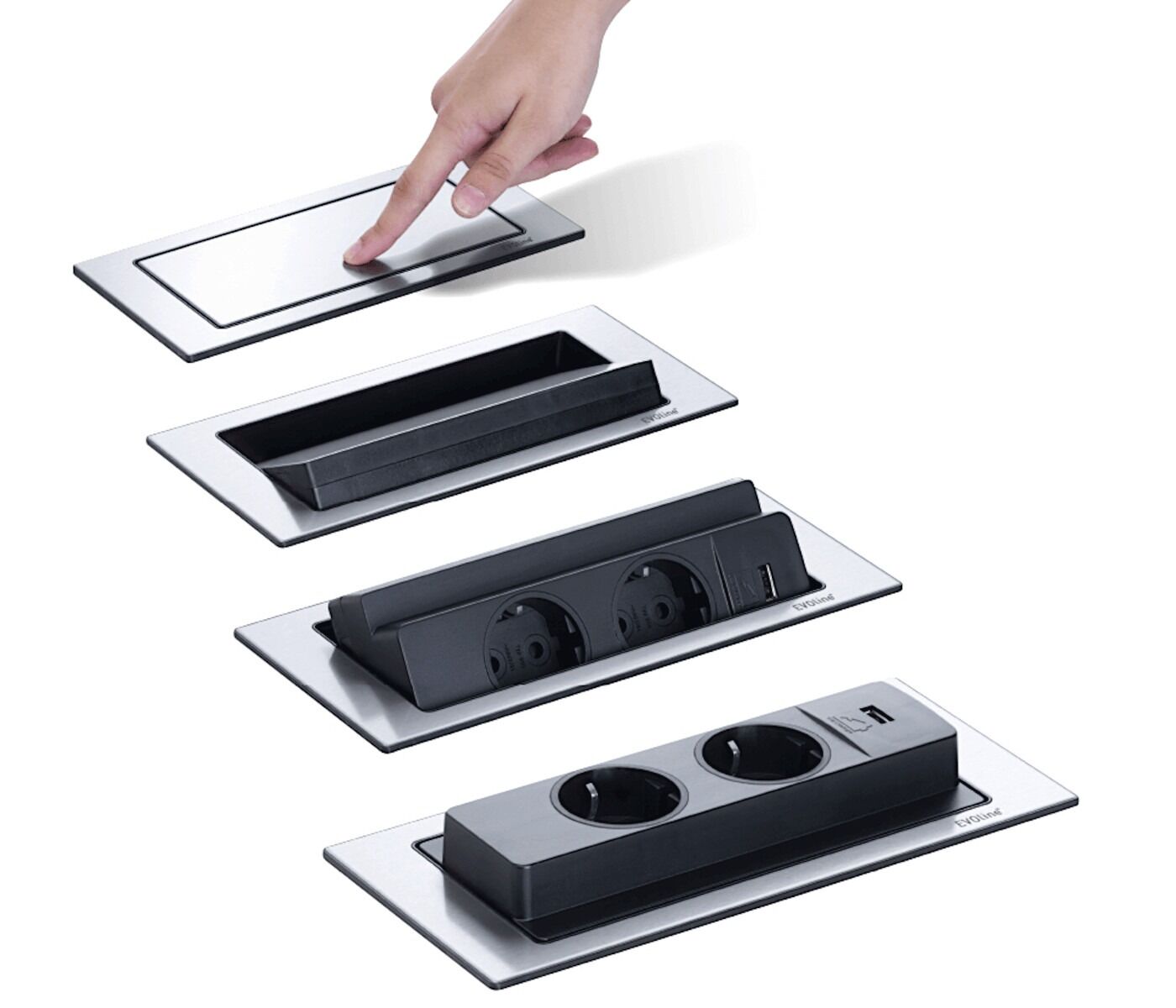 EVOLine BackFlip EDELSTAHLOPTIK 2x Steckdose mit USB-C, versenkbar / Mehrfachsteckdose / Steckdosenverteiler