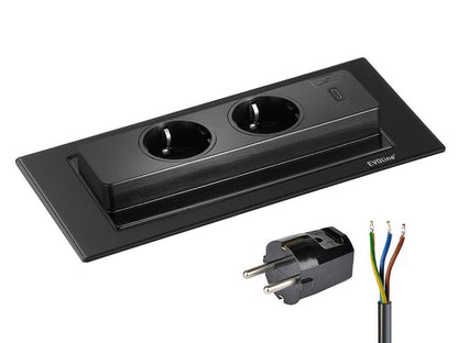 EVOLine BackFlip Schwarz matt 2x Steckdose mit USB-C, versenkbar / Mehrfachsteckdose / Steckdosenverteiler