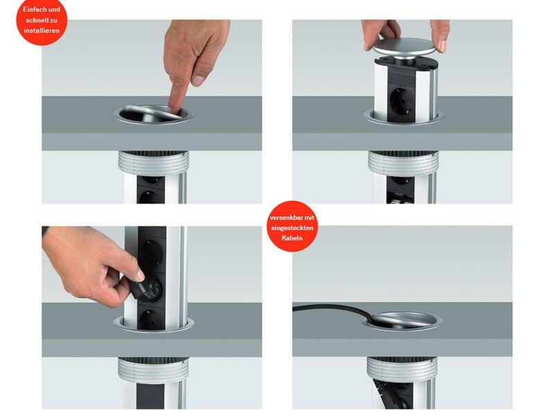 EVOLINE Port versenkbare Energiebox mit 3 Steckdosen und silberfarbigem Deckel / Schukosteckdosen / Steckdose