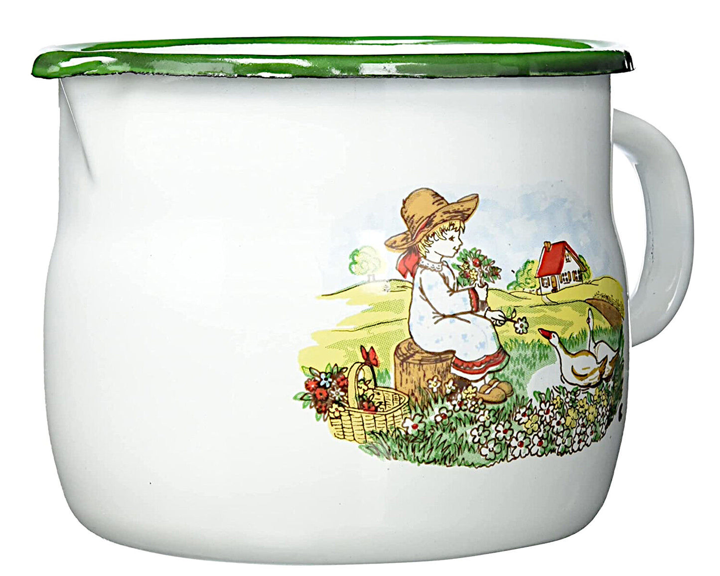 Karl Krüger Milchtopf GÄNSEKIND Emaille weiß mit Ausguss und Dekor / Topf