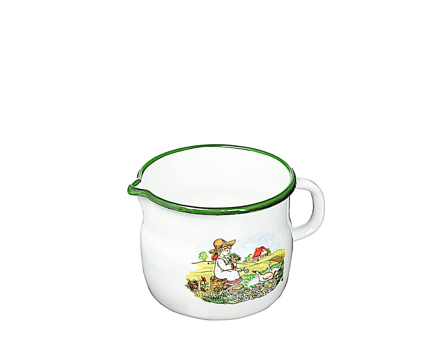 Karl Krüger Milchtopf GÄNSEKIND Emaille weiß mit Ausguss und Dekor / Topf