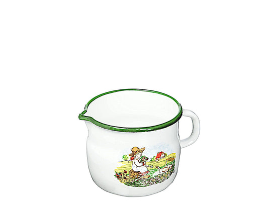 Karl Krüger Milchtopf GÄNSEKIND Emaille weiß mit Ausguss und Dekor / Topf
