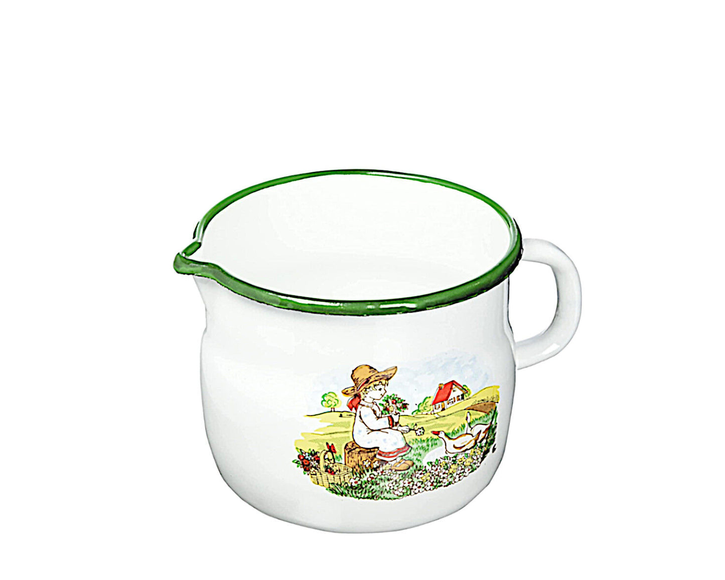 Karl Krüger Milchtopf GÄNSEKIND Emaille weiß mit Ausguss und Dekor / Topf