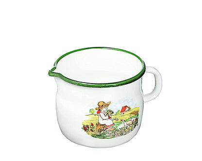 Karl Krüger Milchtopf GÄNSEKIND Emaille weiß mit Ausguss und Dekor / Topf