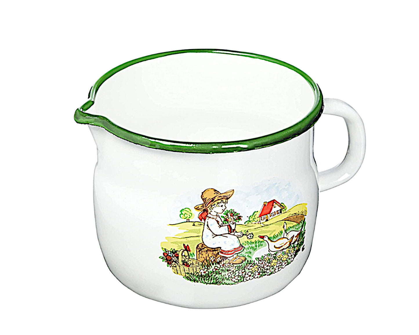 Karl Krüger Milchtopf GÄNSEKIND Emaille weiß mit Ausguss und Dekor / Topf