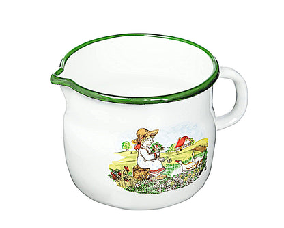 Karl Krüger Milchtopf GÄNSEKIND Emaille weiß mit Ausguss und Dekor / Topf