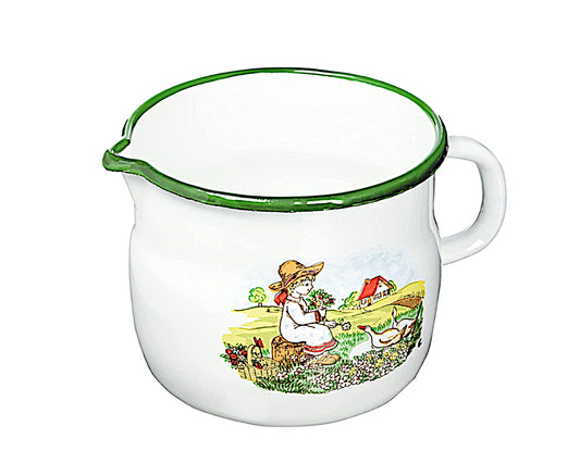 Karl Krüger Milchtopf GÄNSEKIND Emaille weiß mit Ausguss und Dekor / Topf