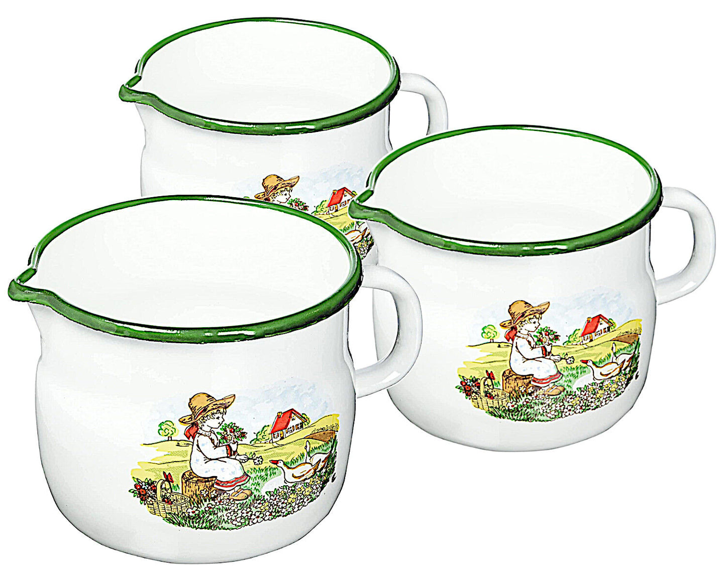 Karl Krüger Milchtopf GÄNSEKIND Emaille weiß mit Ausguss und Dekor / Topf