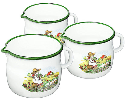 Karl Krüger Milchtopf GÄNSEKIND Emaille weiß mit Ausguss und Dekor / Topf
