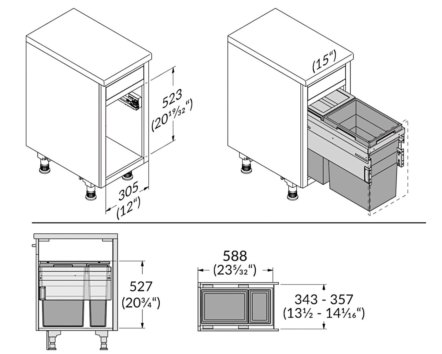 HAILO 3613311 US Cargo 15 37/15/D mit 52 (37+15) Liter Füllvolumen / 2 fach Mülltrennsystem / für 15 Zoll Schrankbreite – Bild 2