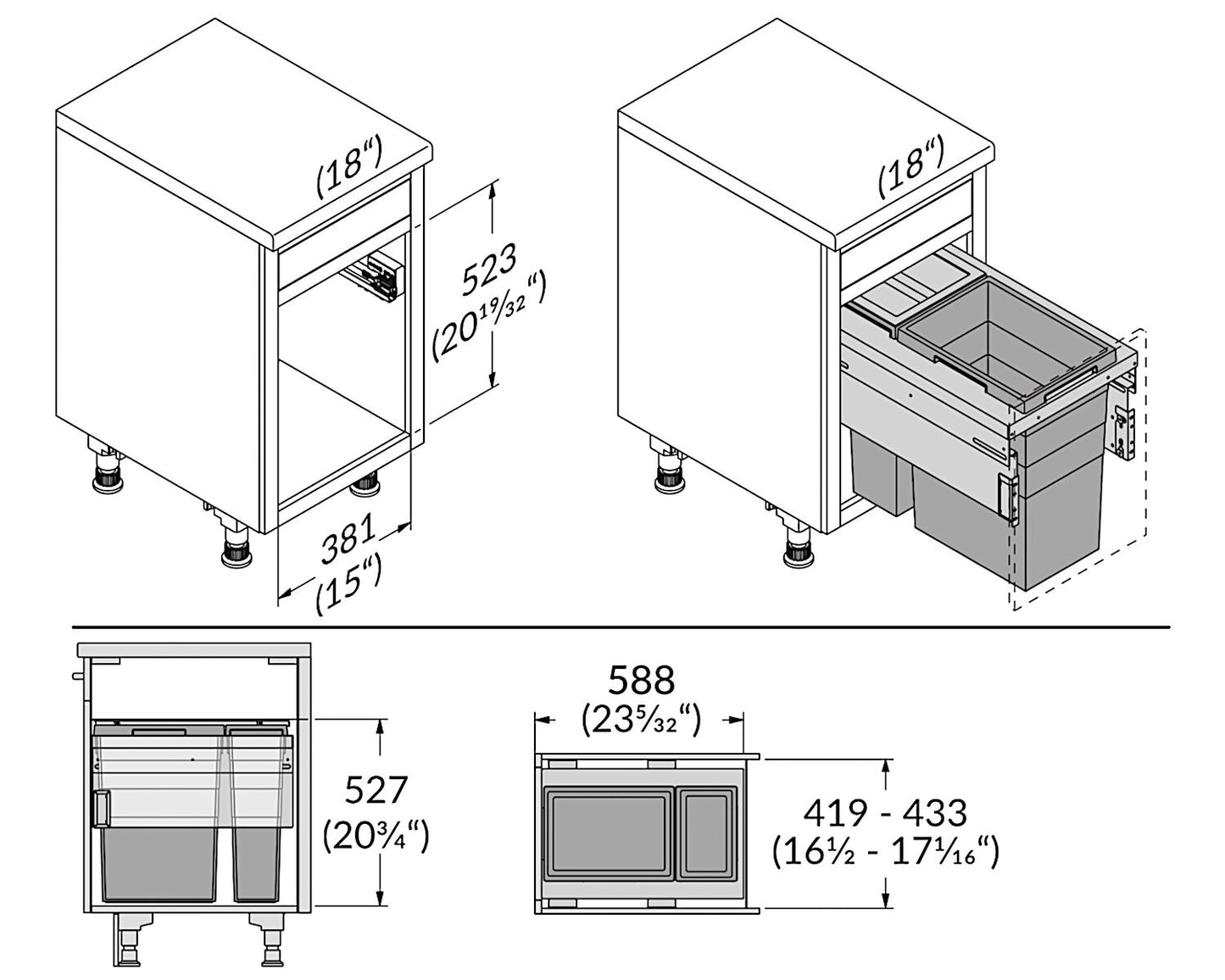 HAILO 3613331 US Cargo 18 37/15/D mit 52 (37+15) Liter Füllvolumen / 2 fach Mülltrennsystem / für 18 Zoll Schrankbreite – Bild 2