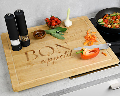 KESPER 58597-13 Schneide- und Abdeckplatte Motiv BON APPETIT aus Bambus / Herdabdeckplatte / Schneidbrett