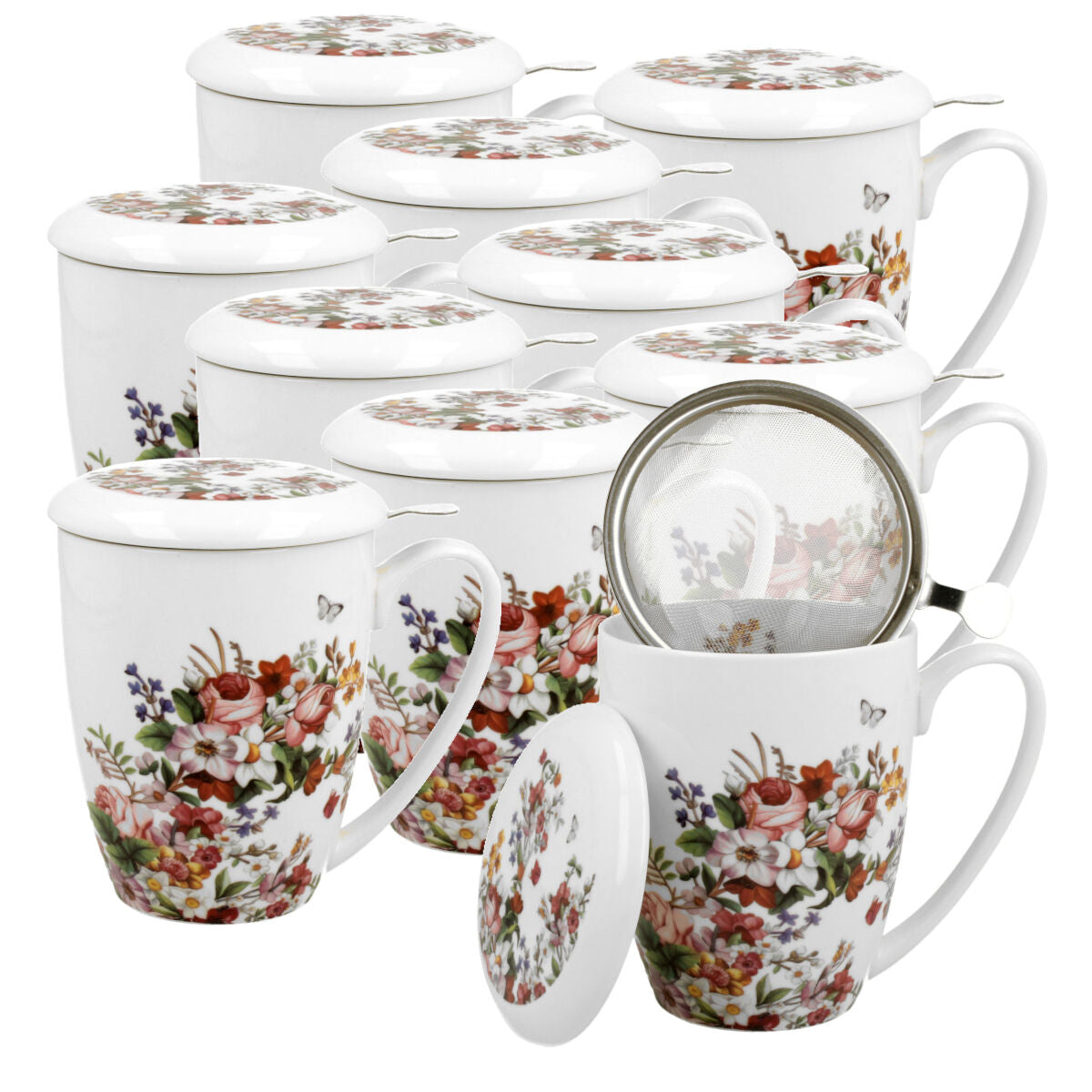 10er SET DUO FLORAL Becher 380 ml VINTAGE FLOWERS WHITE mit Teesieb, New Bone China Porzellan