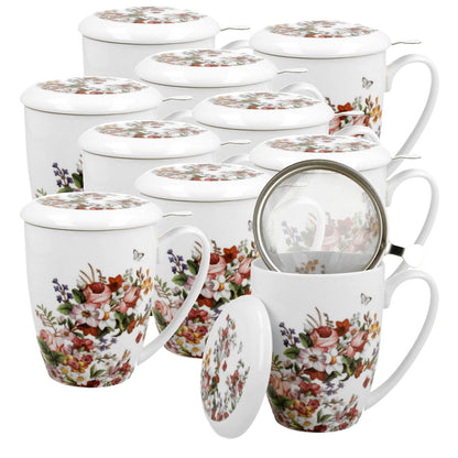 10er SET DUO FLORAL Becher 380 ml VINTAGE FLOWERS WHITE mit Teesieb, New Bone China Porzellan