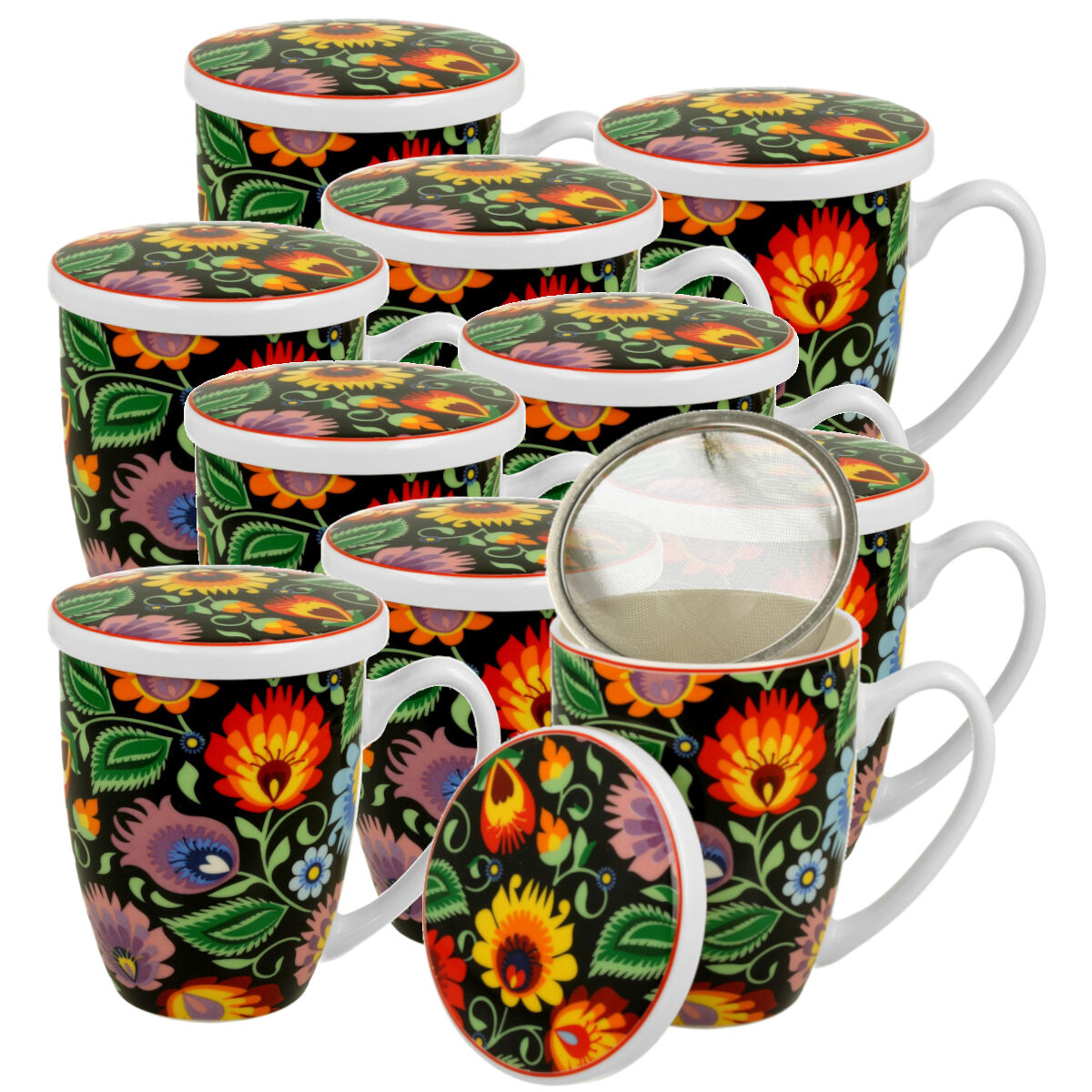 10er SET DUO ETNO Becher 380 ml ETNIC mit Teesieb, New Bone China Porzellan
