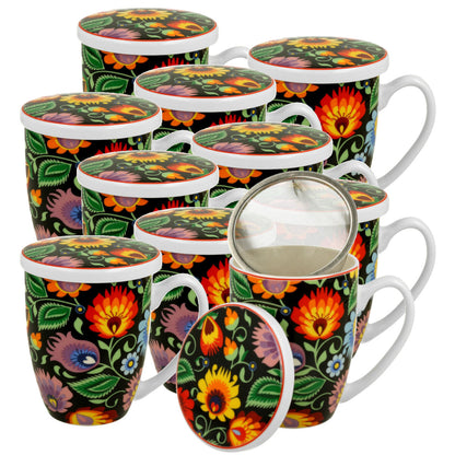 10er SET DUO ETNO Becher 380 ml ETNIC mit Teesieb, New Bone China Porzellan