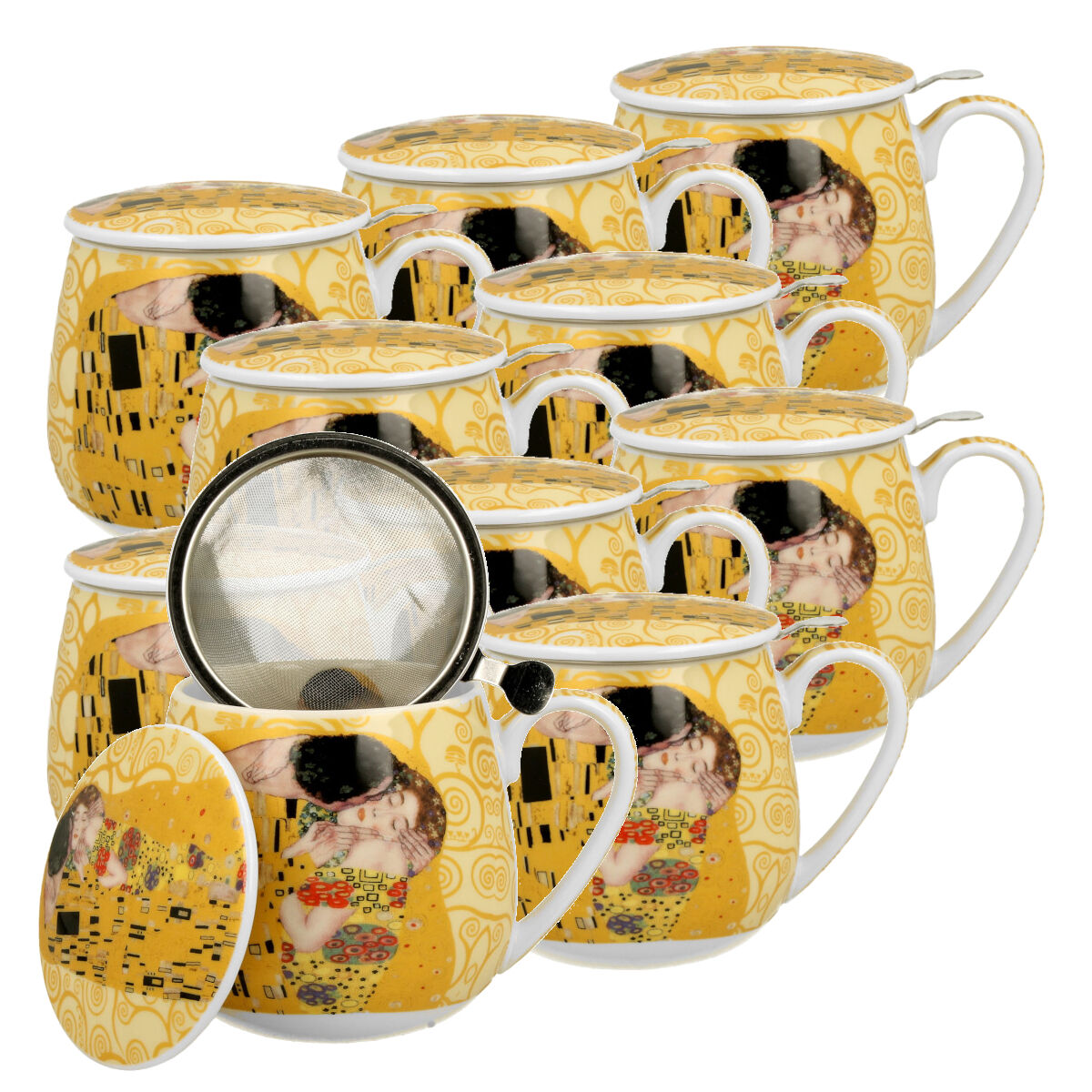 10er SET DUO ART GALLERY Fassbecher 430 ml THE KISS ECRU mit Teesieb, New Bone China Porzellan
