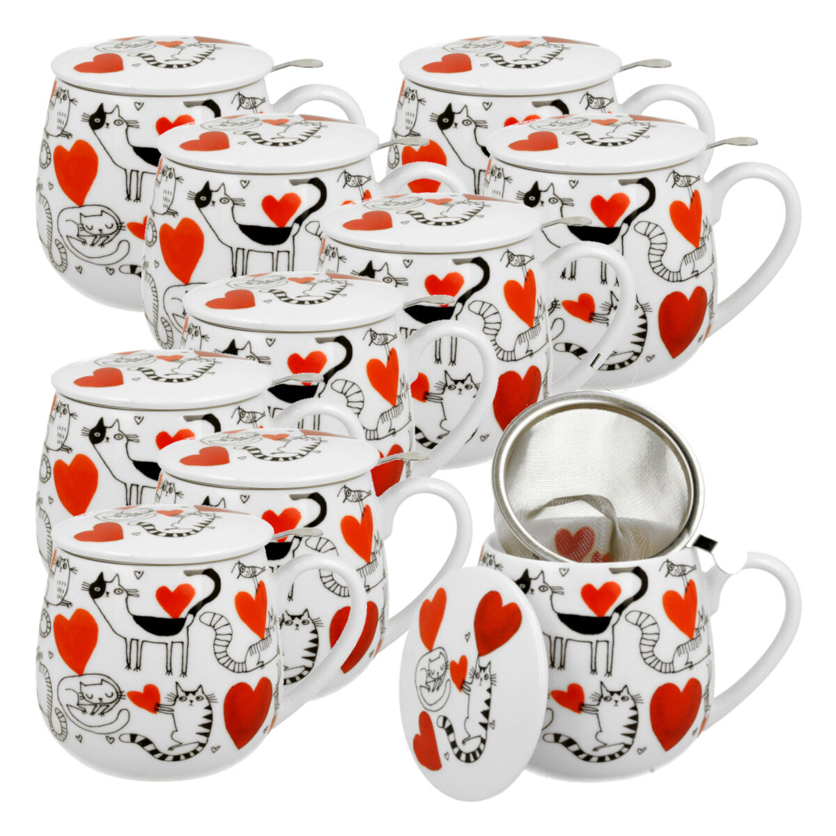 10er SET DUO ANIMALS Fassbecher 430 ml CAT’S WORLD – HEARTS mit Teesieb, New Bone China Porzellan