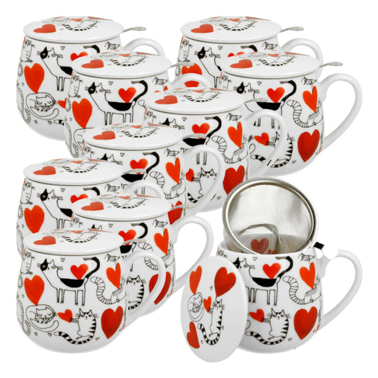 10er SET DUO ANIMALS Fassbecher 430 ml CAT’S WORLD – HEARTS mit Teesieb, New Bone China Porzellan