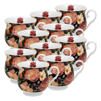 10er SET DUO FLORAL Retro Becher 500 ml SPRING ROSES BLACK New Bone China Porzellan