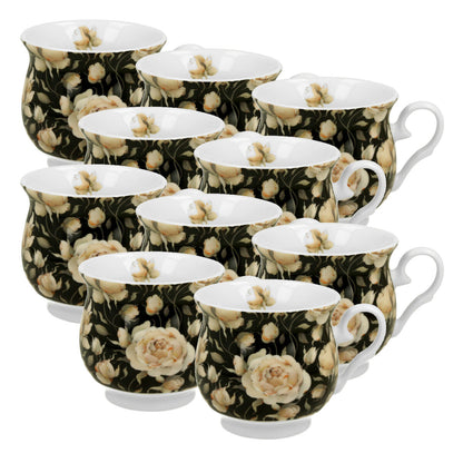 10er SET DUO FLORAL Retro Becher 500 ml ENGLISH ROSES BLACK New Bone China Porzellan