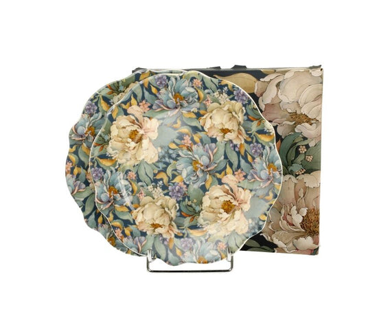 DUO FLOWERS ROYAL Dessertteller 2er Set PEONY BLUE aus New Bone China Porzellan