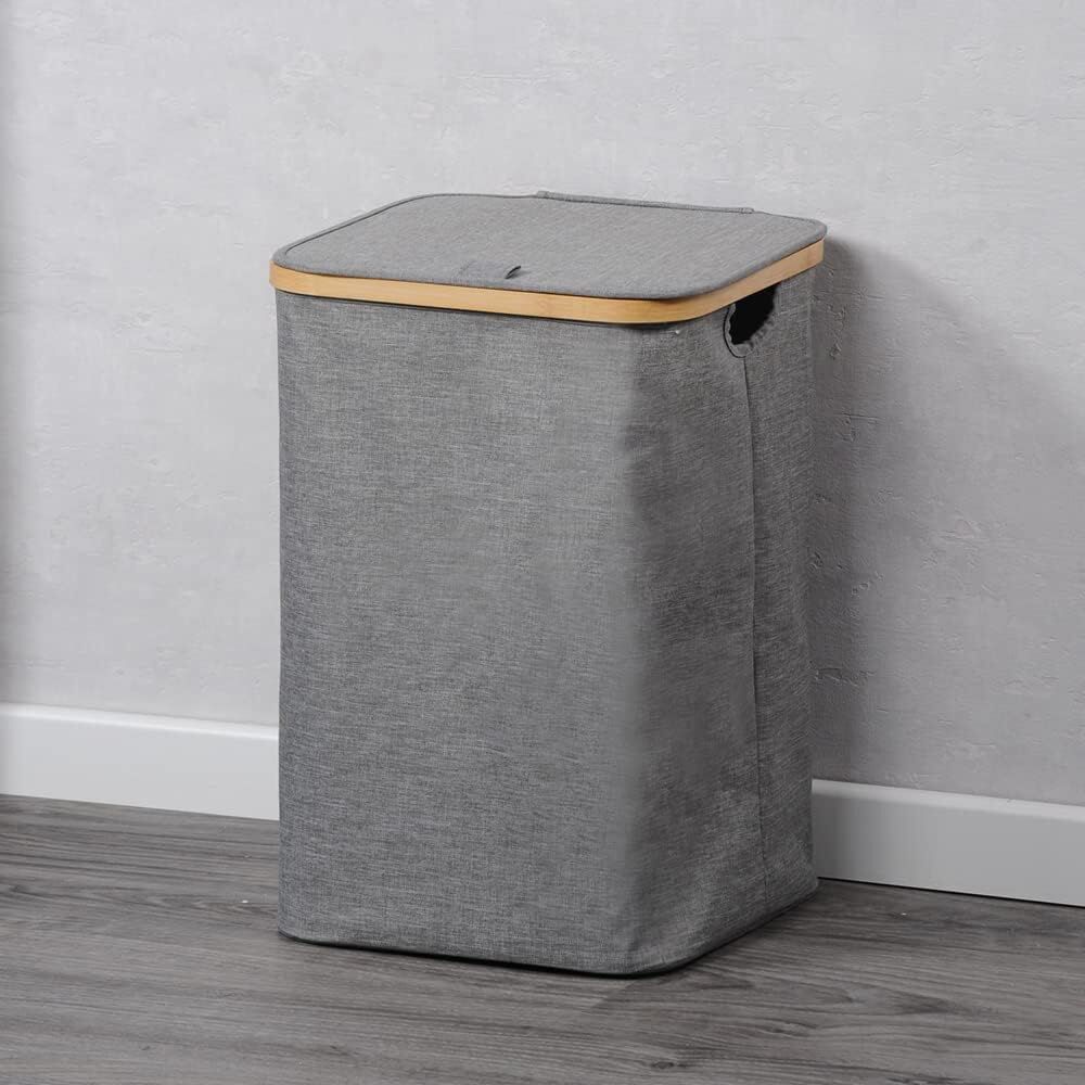 KESPER 19599 Wäschesammler grau 33 x 33 x 50 cm, Polyester, Rahmen aus Bambus, 1 Fach / Wäschekorb