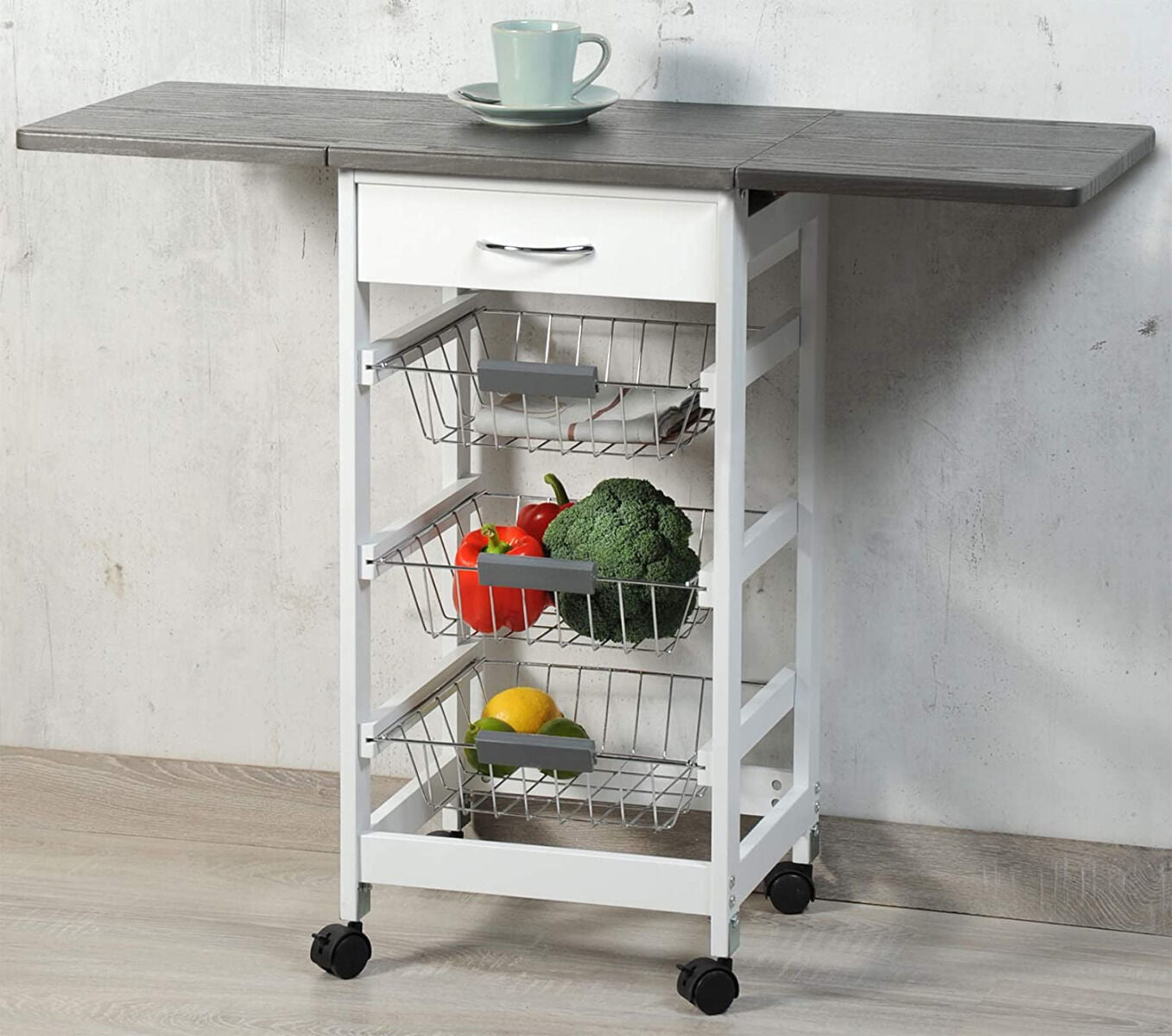 KESPER Küchenwagen 25816-13 mit 2 ausklappbaren Arbeitsplatten / Dekorfolie grau / Servierwagen