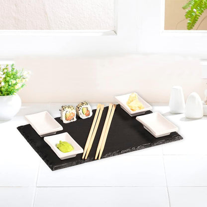 KESPER 38140 Sushi-Set / Buffetplatten, 2 Schieferplatten mit 4 Dipschalen + 10 Ess-Stäbchen