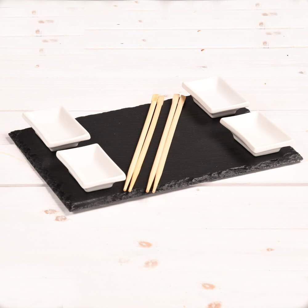 KESPER 38140 Sushi-Set / Buffetplatten, 2 Schieferplatten mit 4 Dipschalen + 10 Ess-Stäbchen