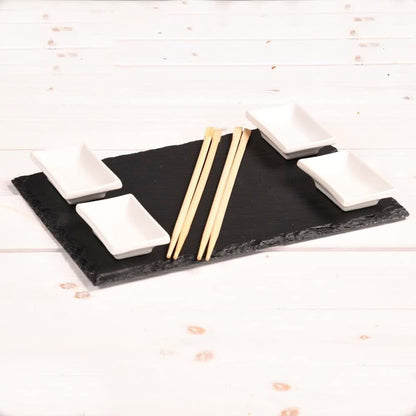 KESPER 38140 Sushi-Set / Buffetplatten, 2 Schieferplatten mit 4 Dipschalen + 10 Ess-Stäbchen