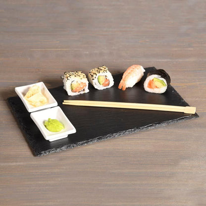 KESPER 38140 Sushi-Set / Buffetplatten, 2 Schieferplatten mit 4 Dipschalen + 10 Ess-Stäbchen
