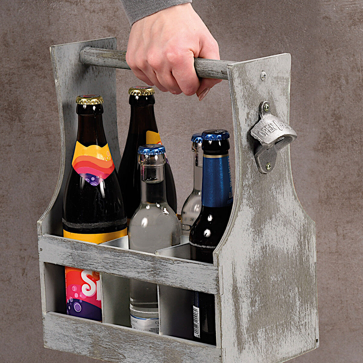 KESPER Flaschenträger ANTIK mit eingebautem Flaschenöffner / Tray / Six-Pack