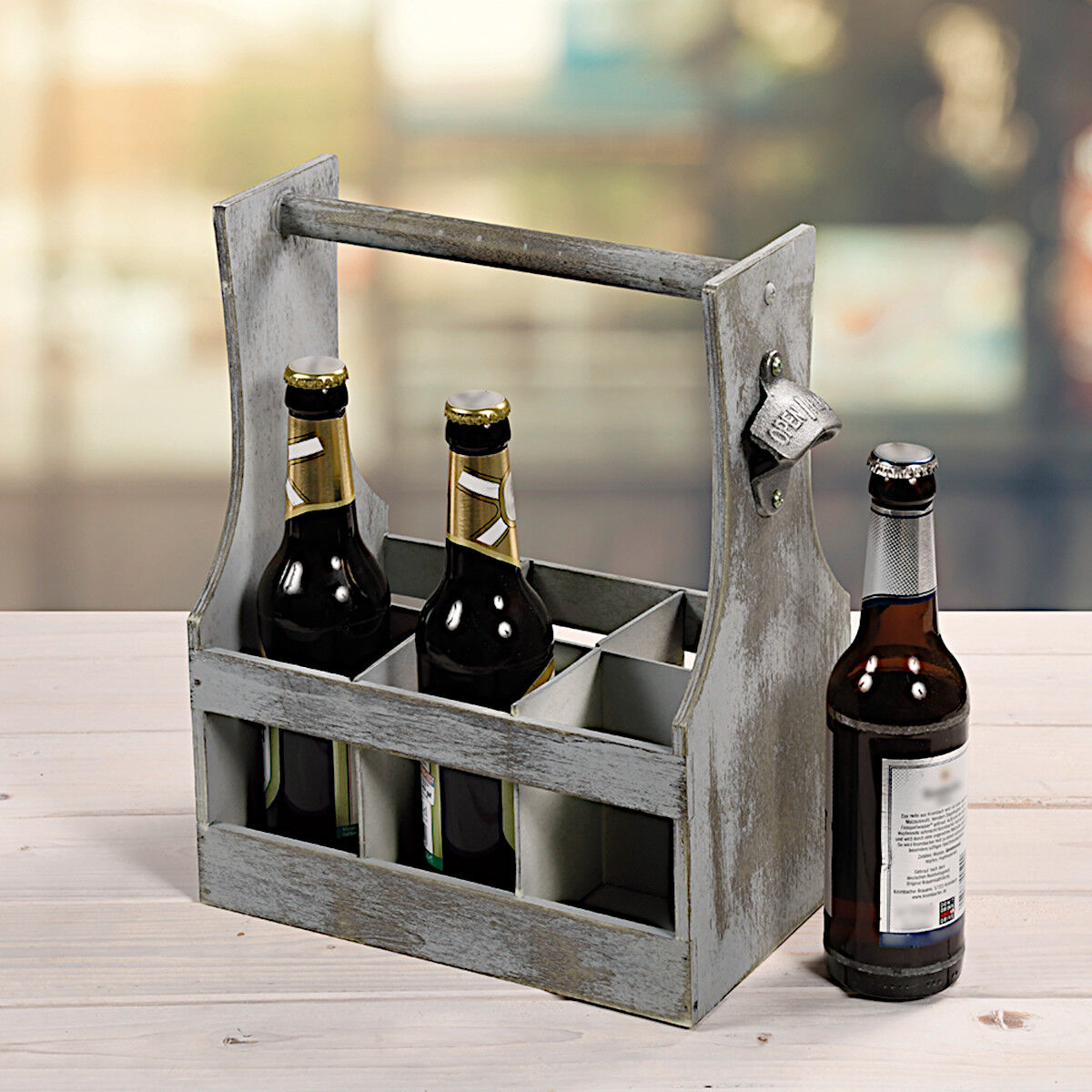 KESPER Flaschenträger ANTIK mit eingebautem Flaschenöffner / Tray / Six-Pack