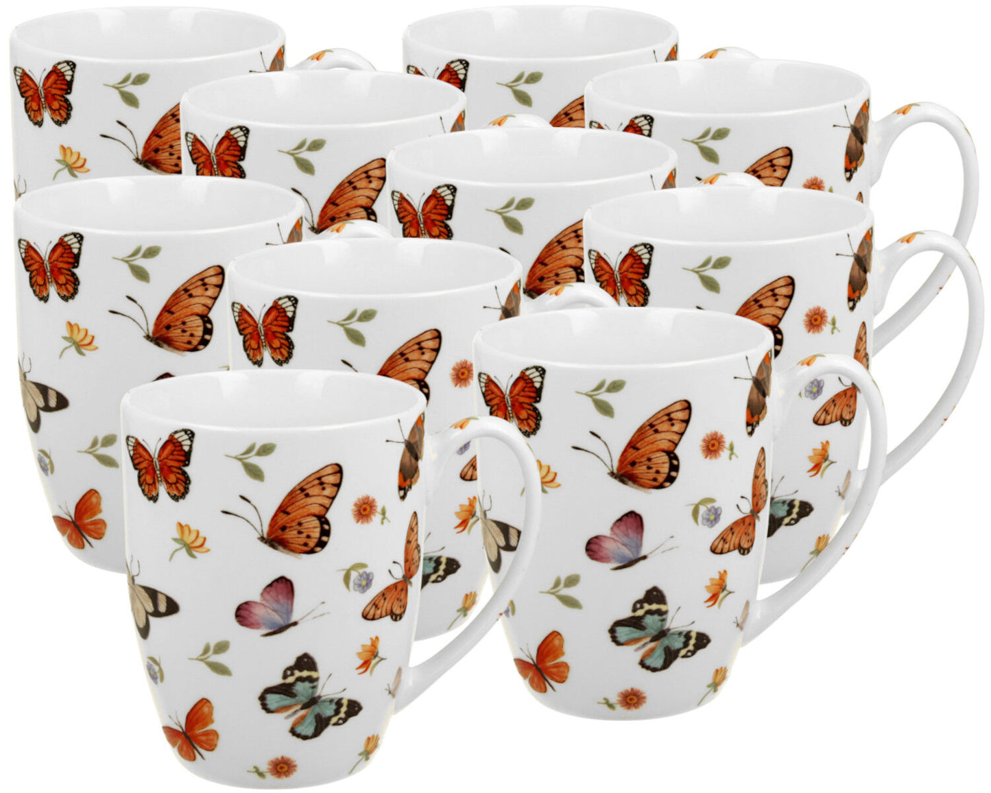 10er SET DUO CROCUS Kollektion klassische Becher 350 ml BUTTERFLIES in Tragetasche, New Bone China Porzellan